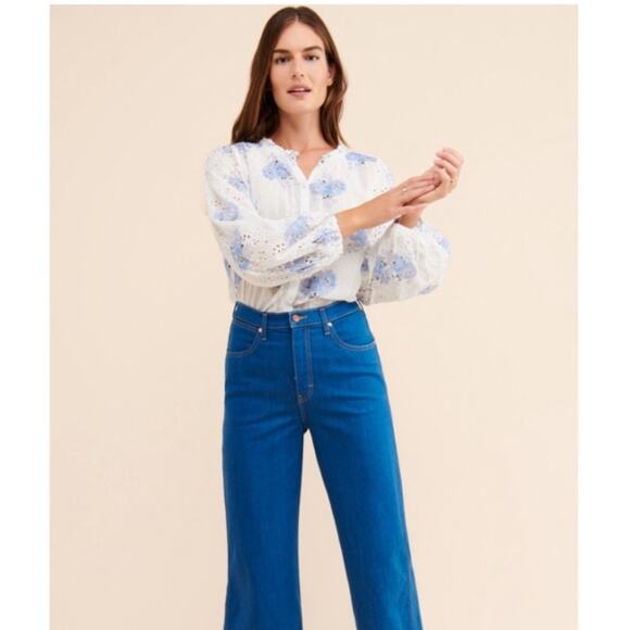 LoveShackFancy Spectra Floral Button down eyelet blouse white cotton blue floral - Picture 3 of 14